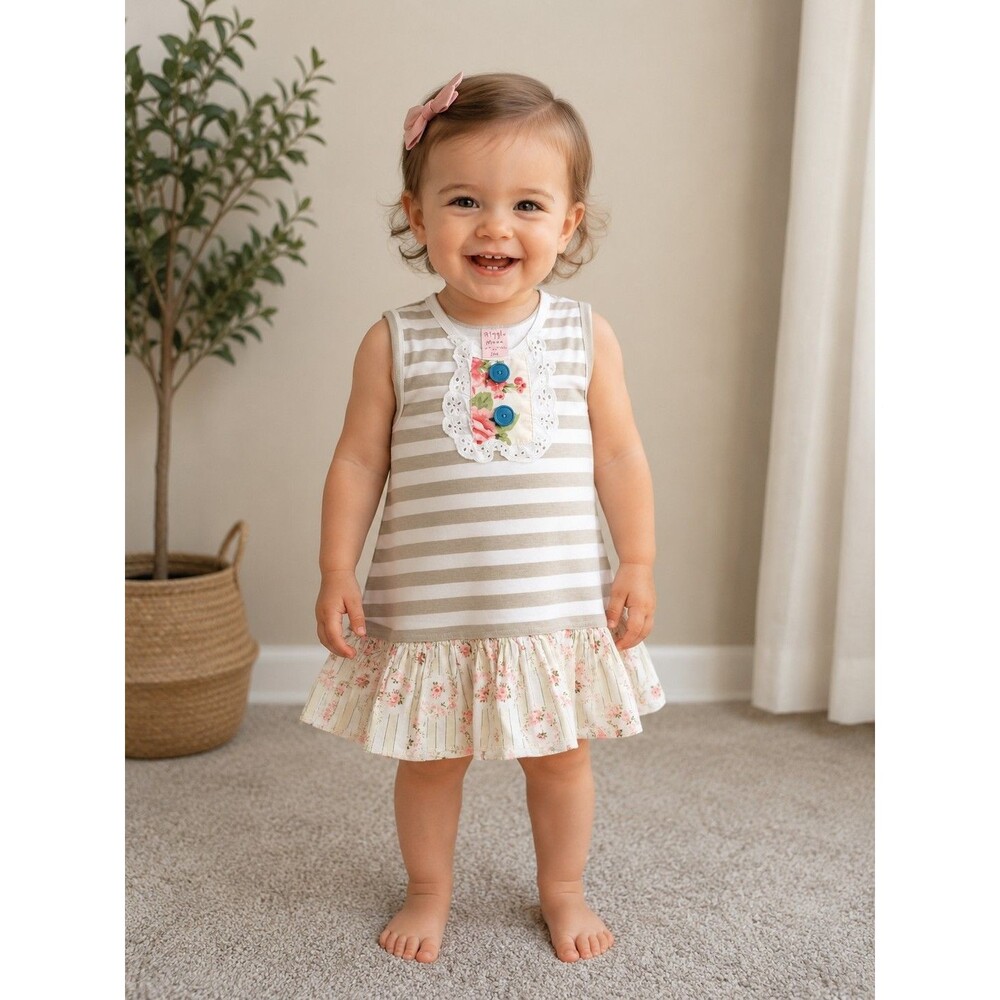 Giggle Moon Girl's Striped Floral Ruffle Hem Dress Size 24 Months